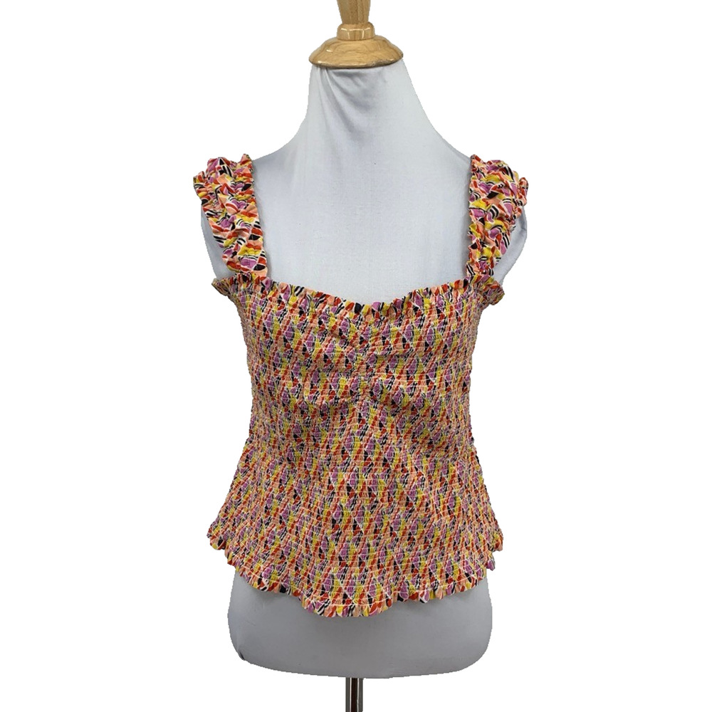 Maeve Tank Top Womens M Medium Multi Smocked Square Neck Cropped Anthropologie